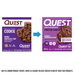 Quest cookie cross-section shows soft interior and chocolate chips, ideal post-workout snack.