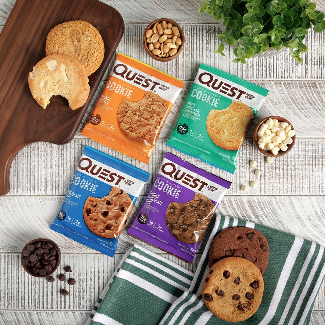 Quest nutrition label shows 15g protein and 1g sugar per serving.