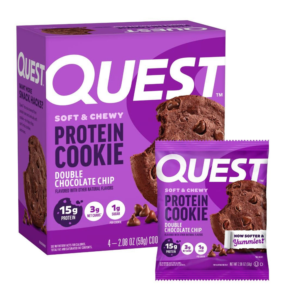 Quest Double Chocolate Chip Protein Cookie packaging on shelf highlights 15g protein per cookie.
