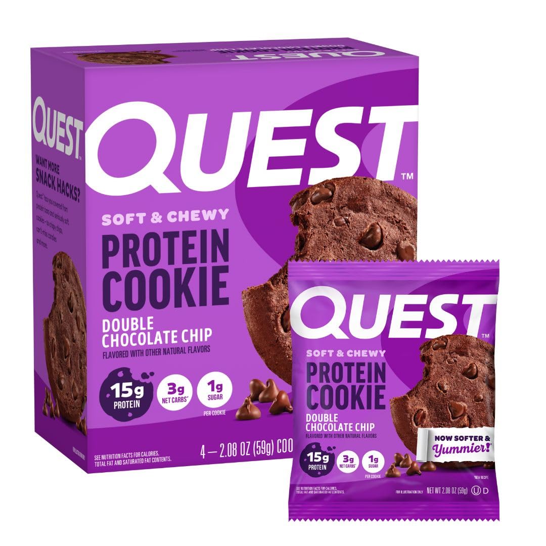 Quest Double Chocolate Chip Protein Cookie packaging on shelf highlights 15g protein per cookie.