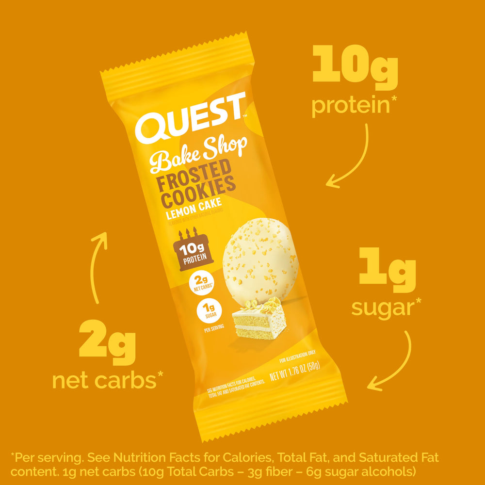 Quest frosted cookie nutrition panel highlighting 10g protein per serving.