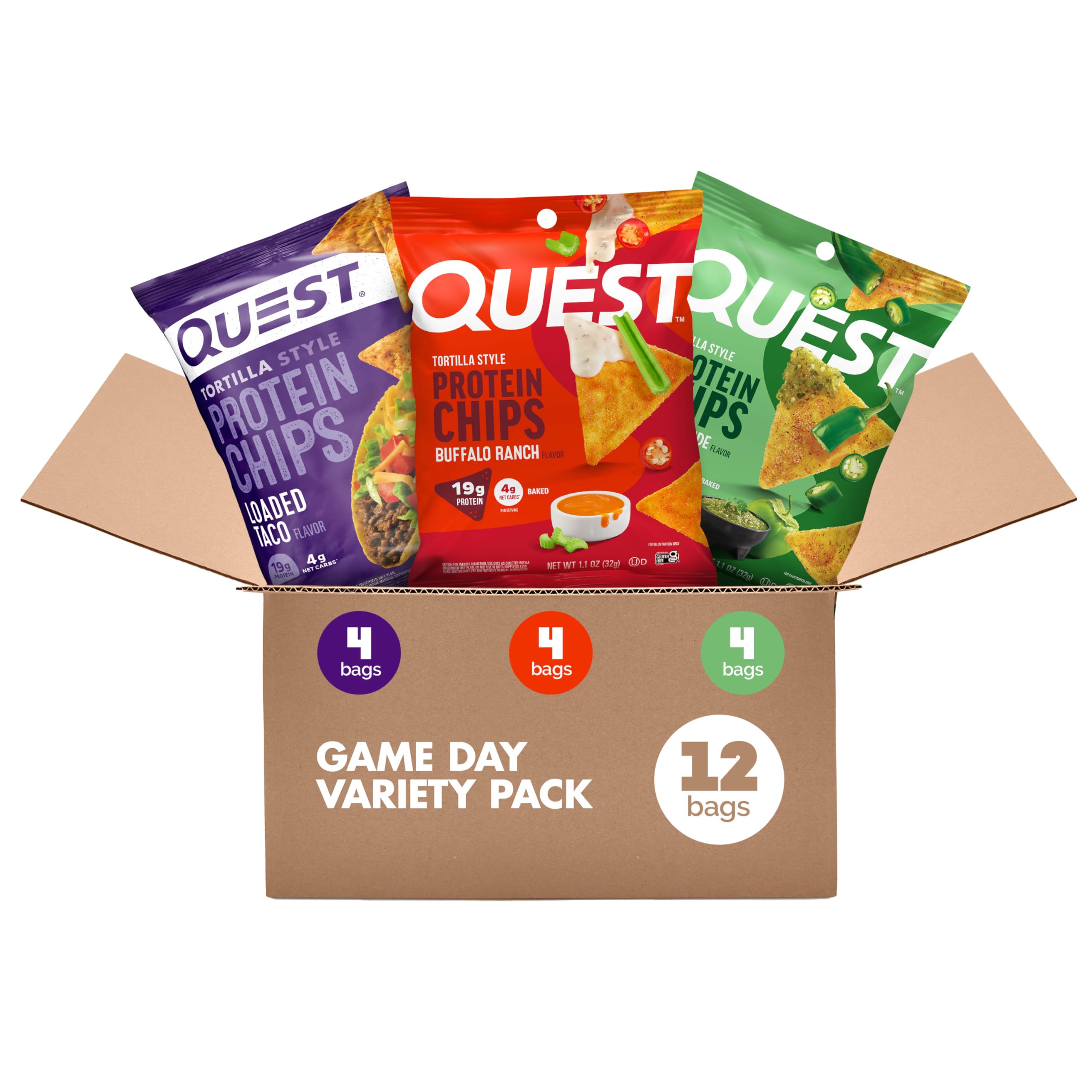 Quest game day tortilla chips buffalo ranch front view, ideal for game day snacking.