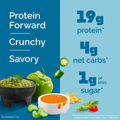 Quest game day tortilla chips salsa verde front view, a zesty crunch for active lifestyles.