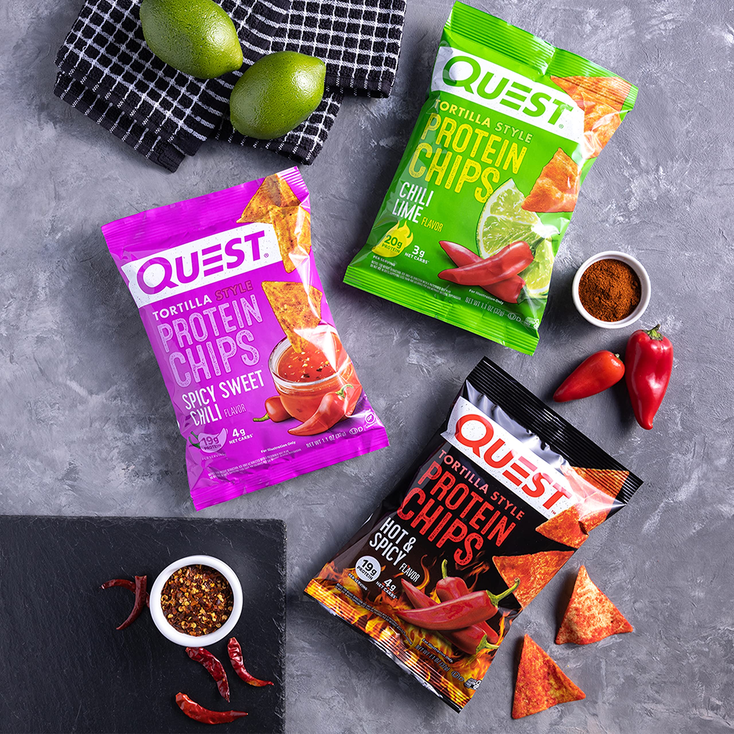 Quest Hot & Spicy tortilla chips bag showing seasoned surface.