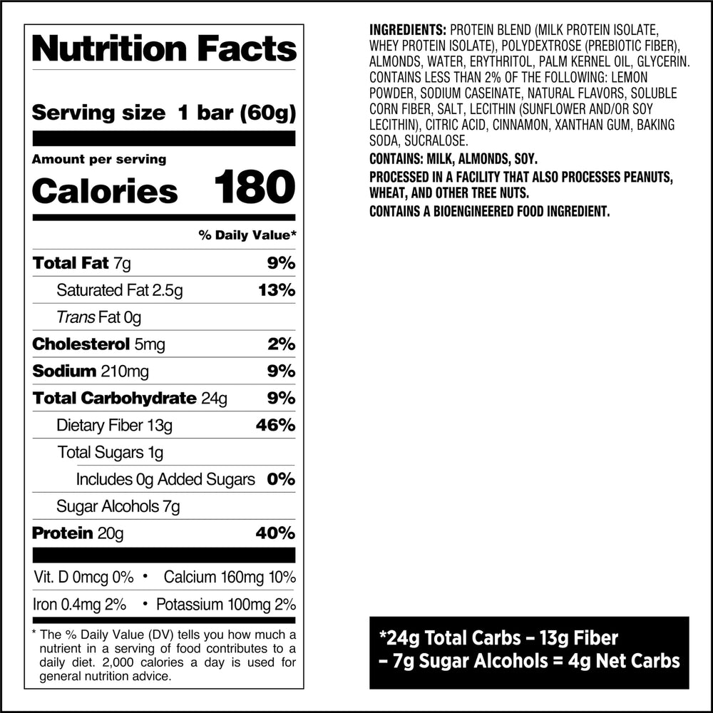 Quest Lemon Cake bar nutrition panel shows high protein and low net carbs