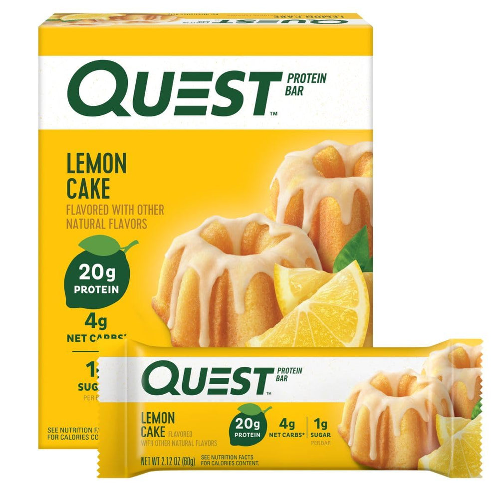 Quest Lemon Cake bar packaging for on-the-go snack