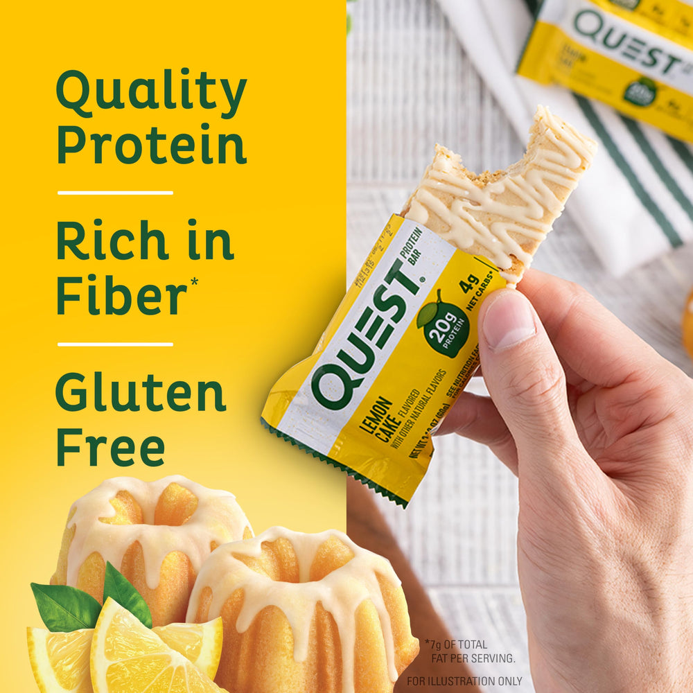 Quest Lemon Cake bar slice close-up highlighting texture