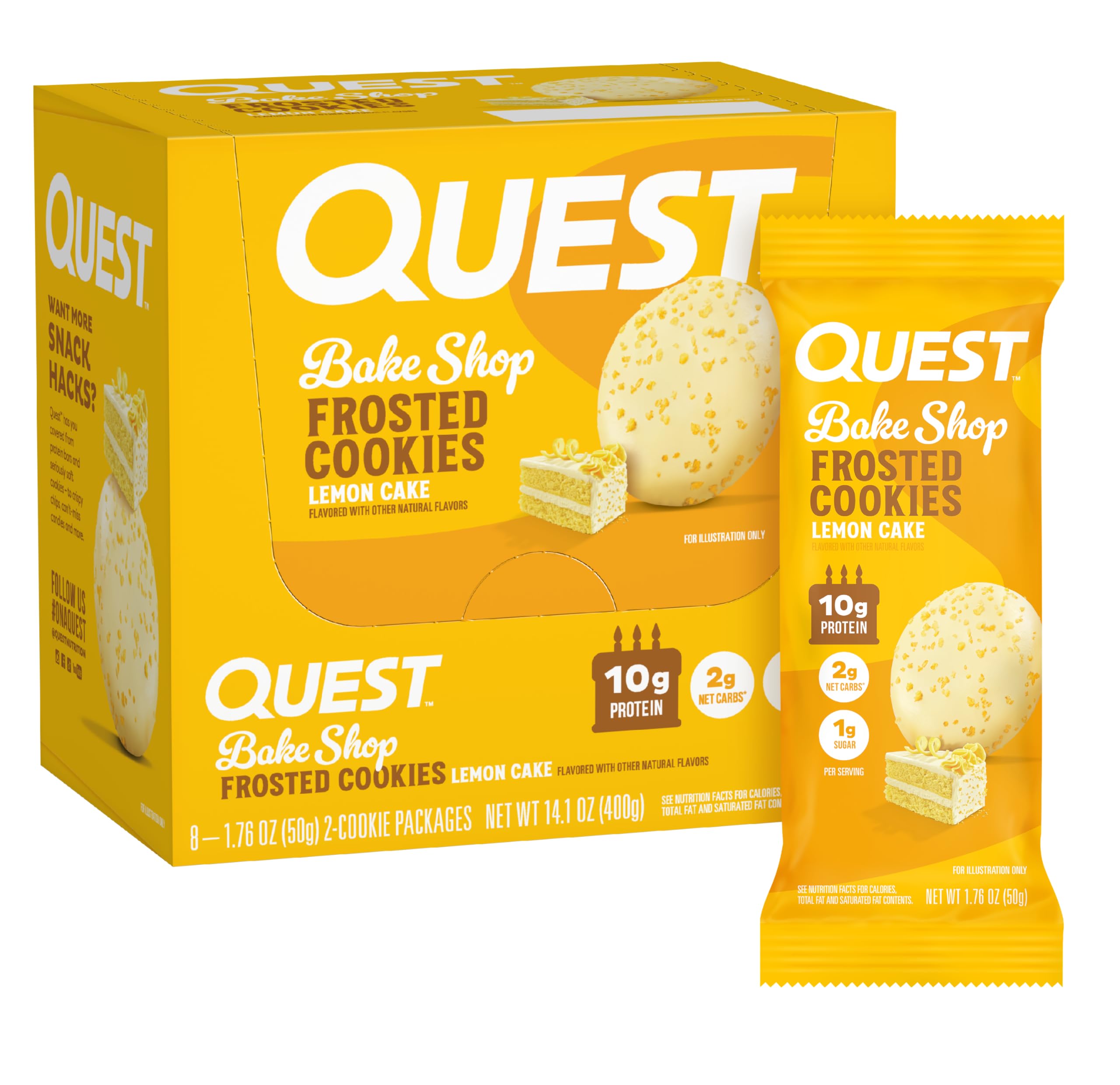 Quest lemon cake frosted cookie twin pack close-up highlighting lemon glaze and soft, chewy texture.