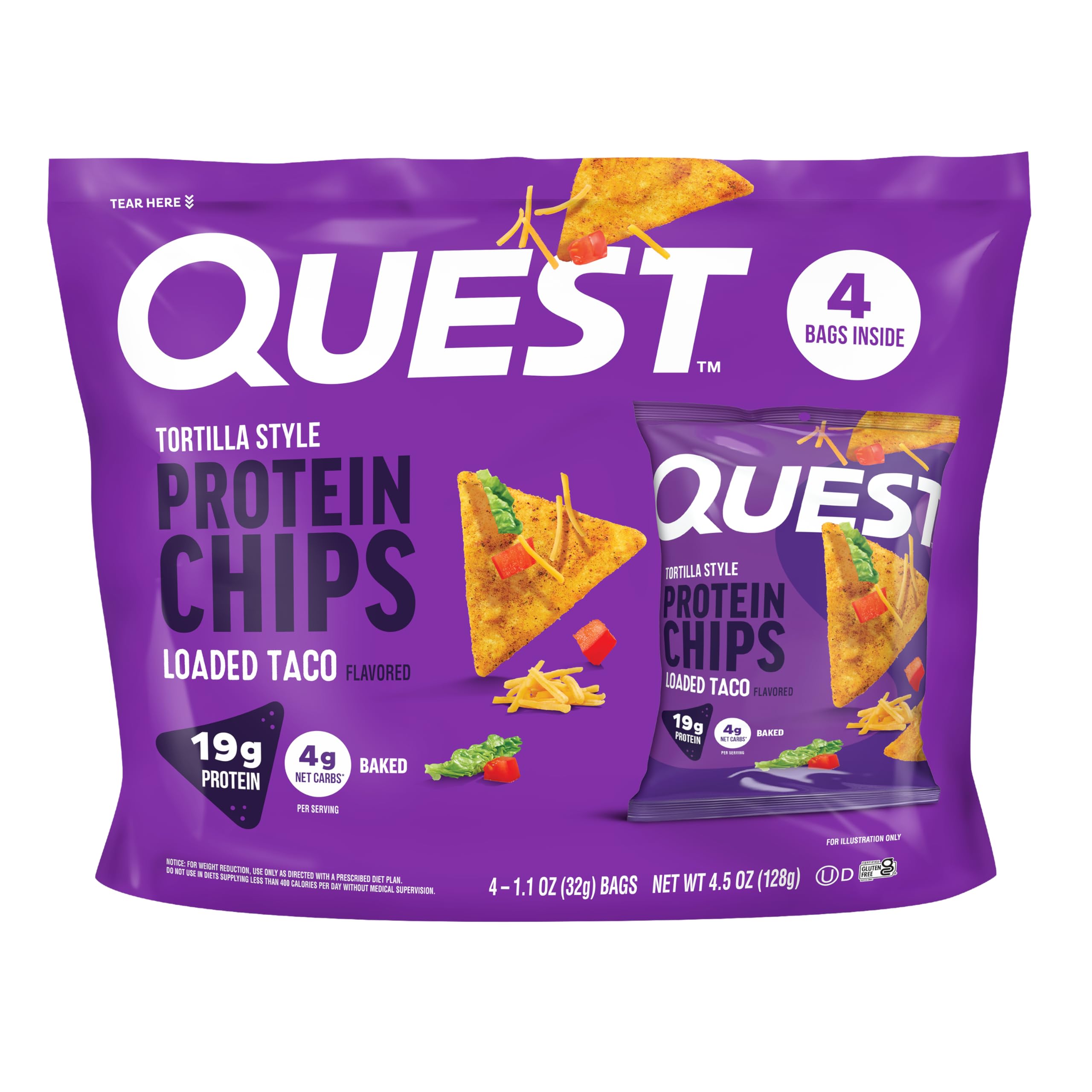 Quest Loaded Taco tortilla-style chips packaging highlights savory beef and cheese flavor for taco night