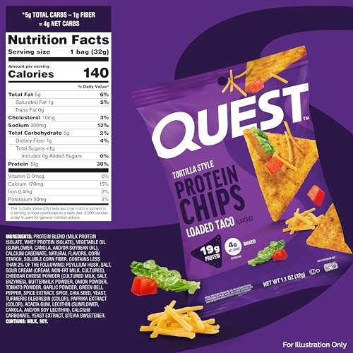 Quest Loaded Taco tortilla-style chips showcase 4g net carbs per serving for mindful snacking