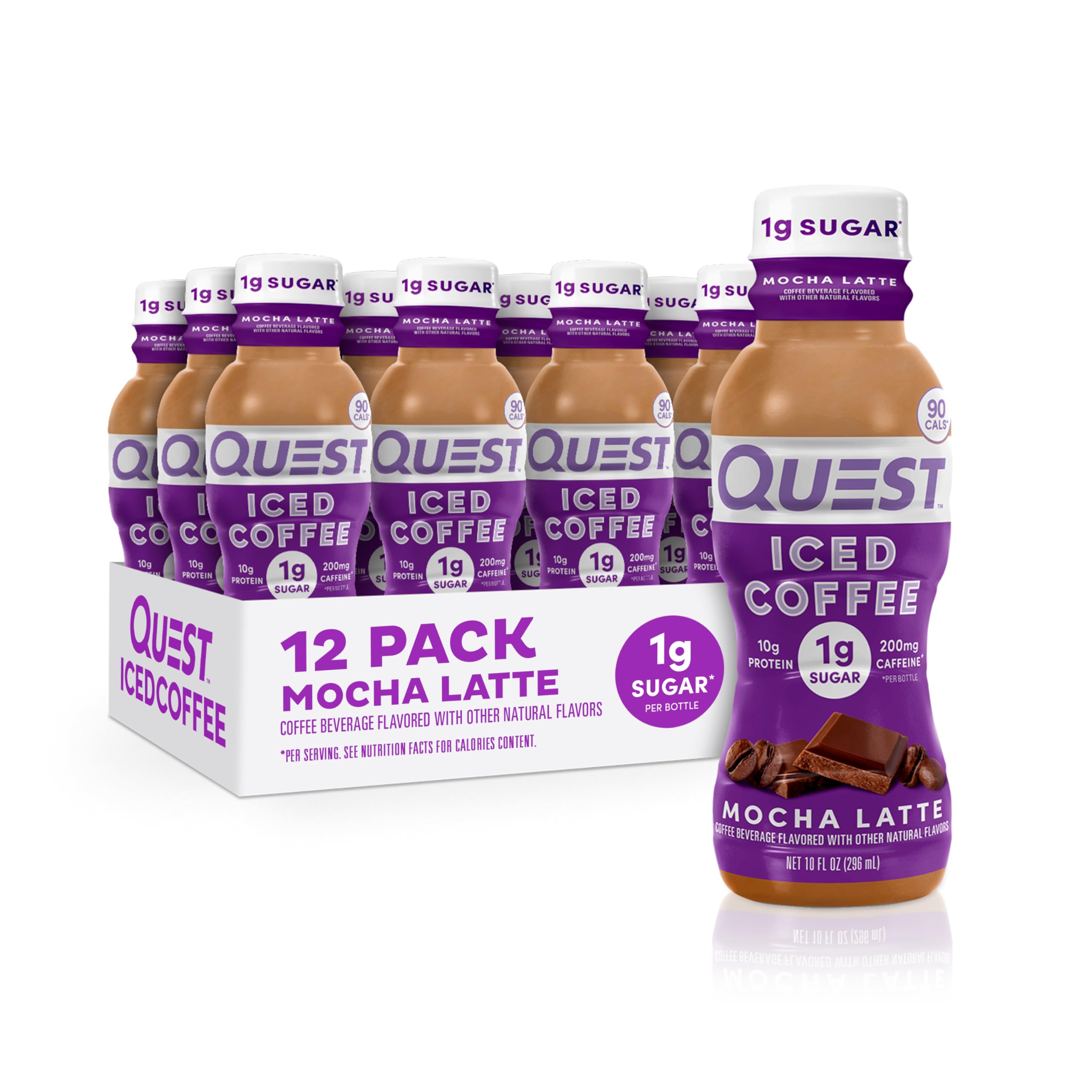 Quest Mocha Latte Iced Coffee bottle poured for a quick energy boost