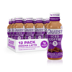 Quest Mocha Latte Iced Coffee bottle poured for a quick energy boost