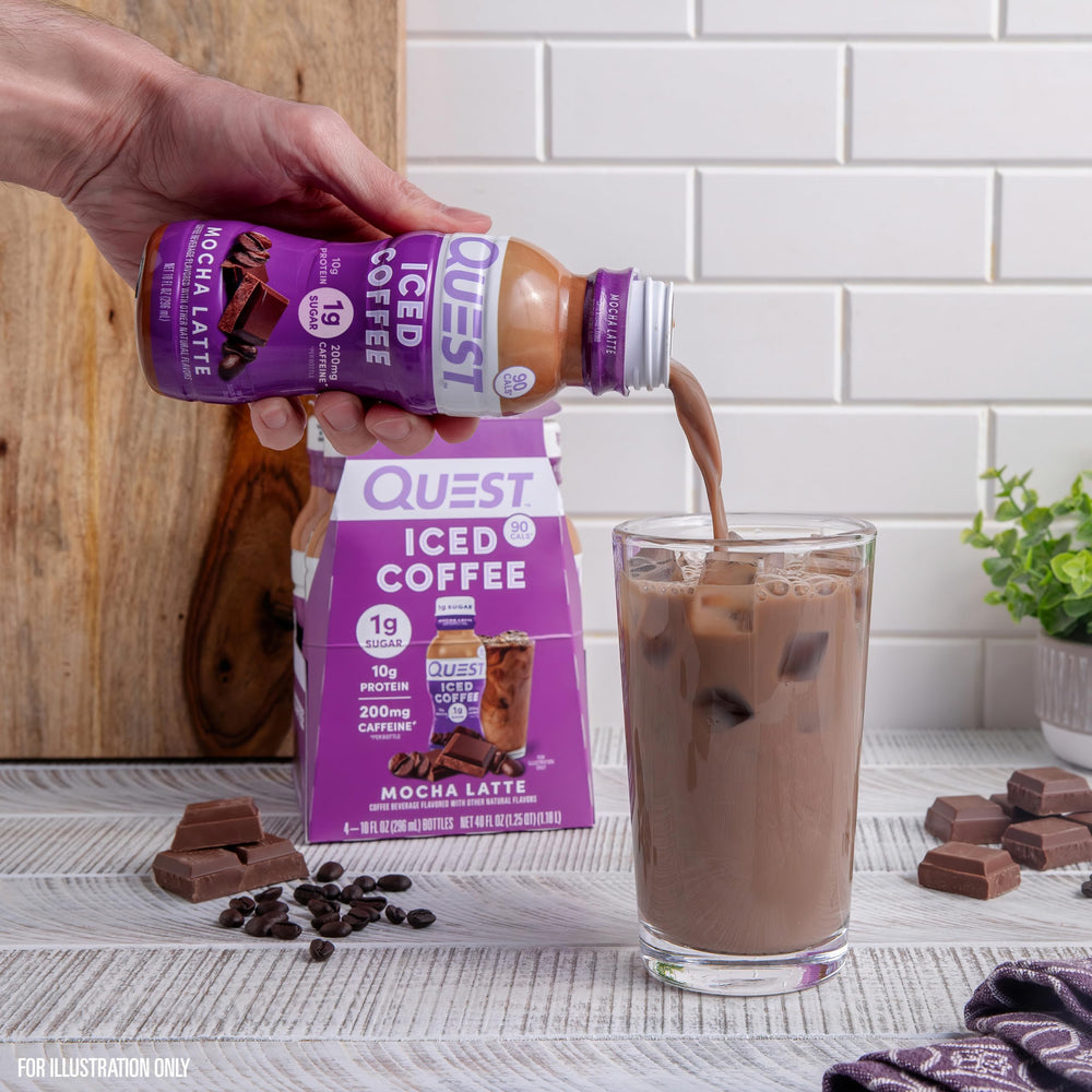 Quest Mocha Latte Iced Coffee in gym bag for post-workout energy