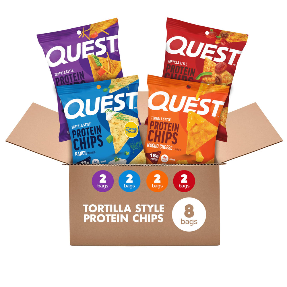 Quest Nutrition Tortilla Style Protein Chips pizza flavor – high-protein snack for workouts.