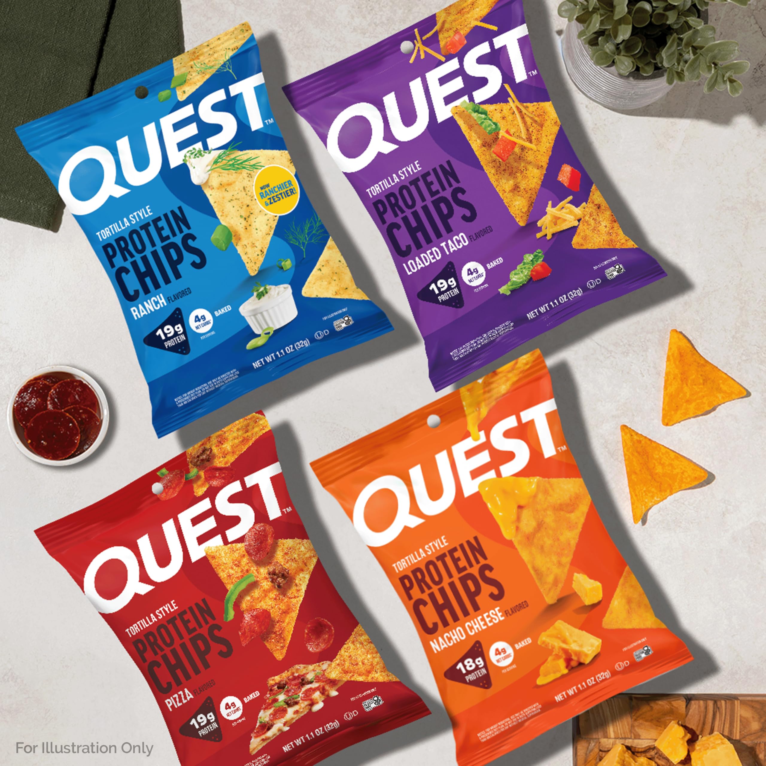 Quest Nutrition Tortilla Style Protein Chips ranch flavor – satisfying low-carb snack anytime.