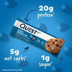 Close-up of Quest Oatmeal Chocolate Chip Bar showing chips and oats