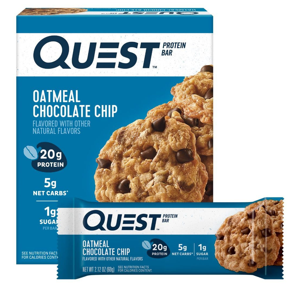 Quest Oatmeal Chocolate Chip Bar packaging highlights a convenient high-protein snack