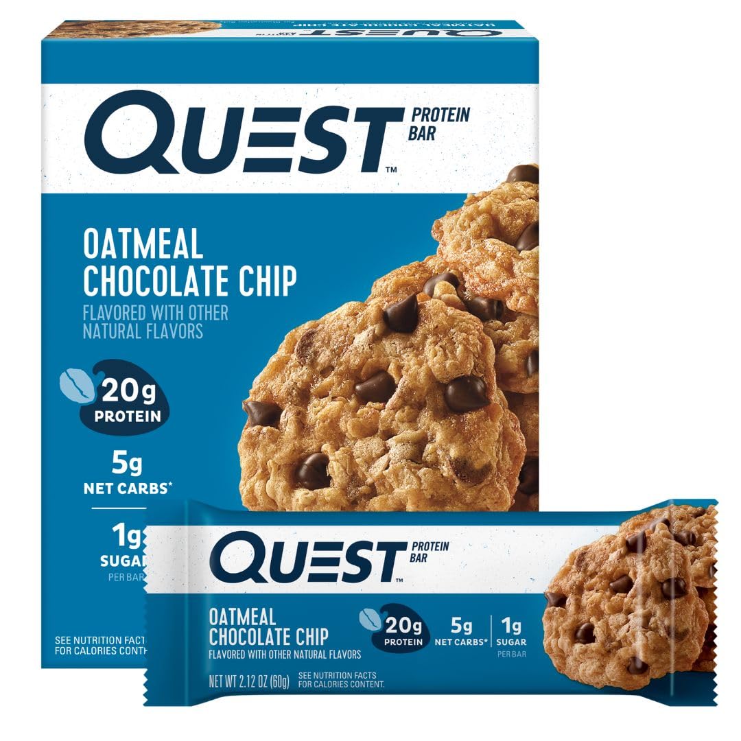 Quest Oatmeal Chocolate Chip Bar packaging highlights a convenient high-protein snack