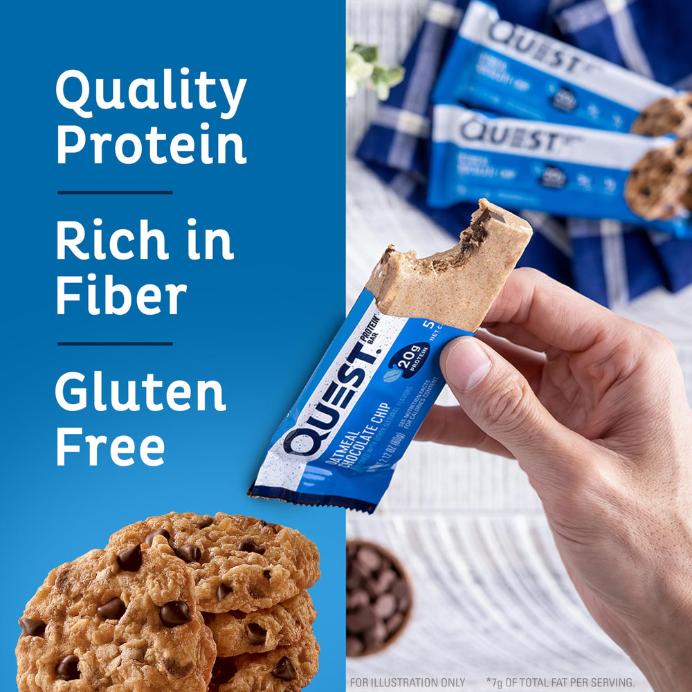Unwrapped Quest Oatmeal Chocolate Chip Bar reveals cookie-like texture