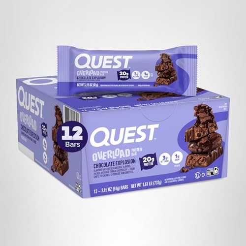 Quest Overload bar cross-section showing fudgy base and chips mix.
