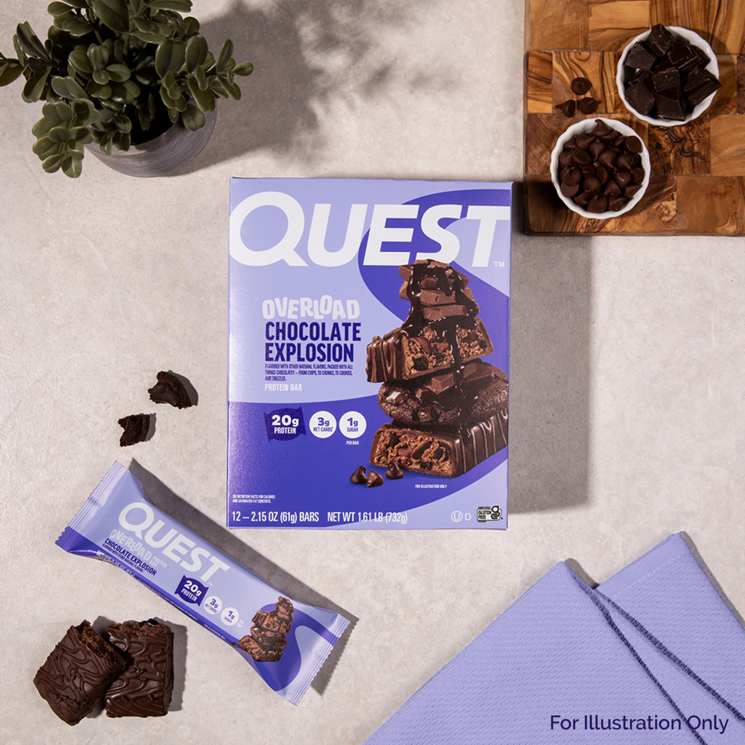 Quest Overload bar on desk, satisfying low-sugar snack between tasks.