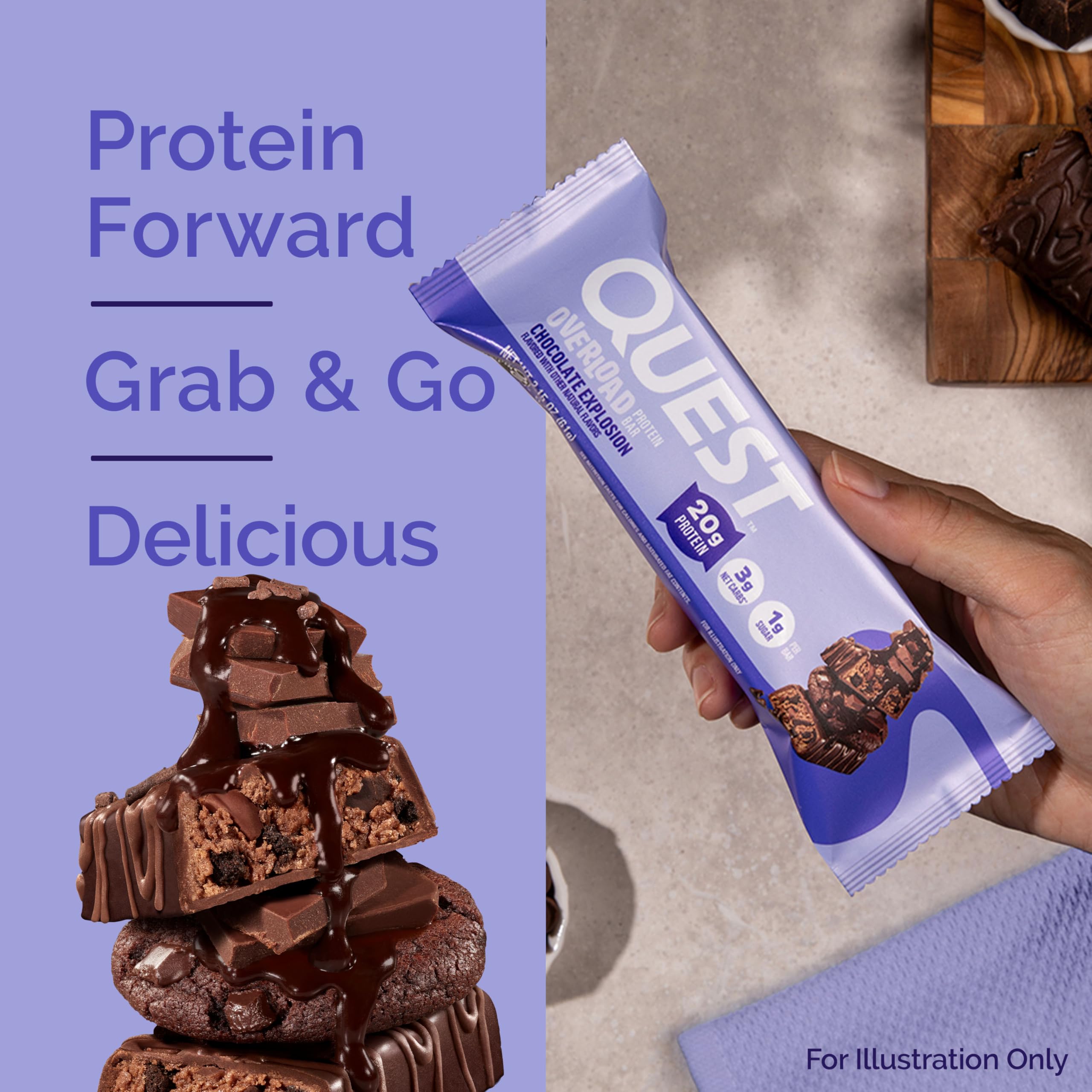Quest Overload Chocolate Explosion bar with drizzle and coating, post-workout snack.