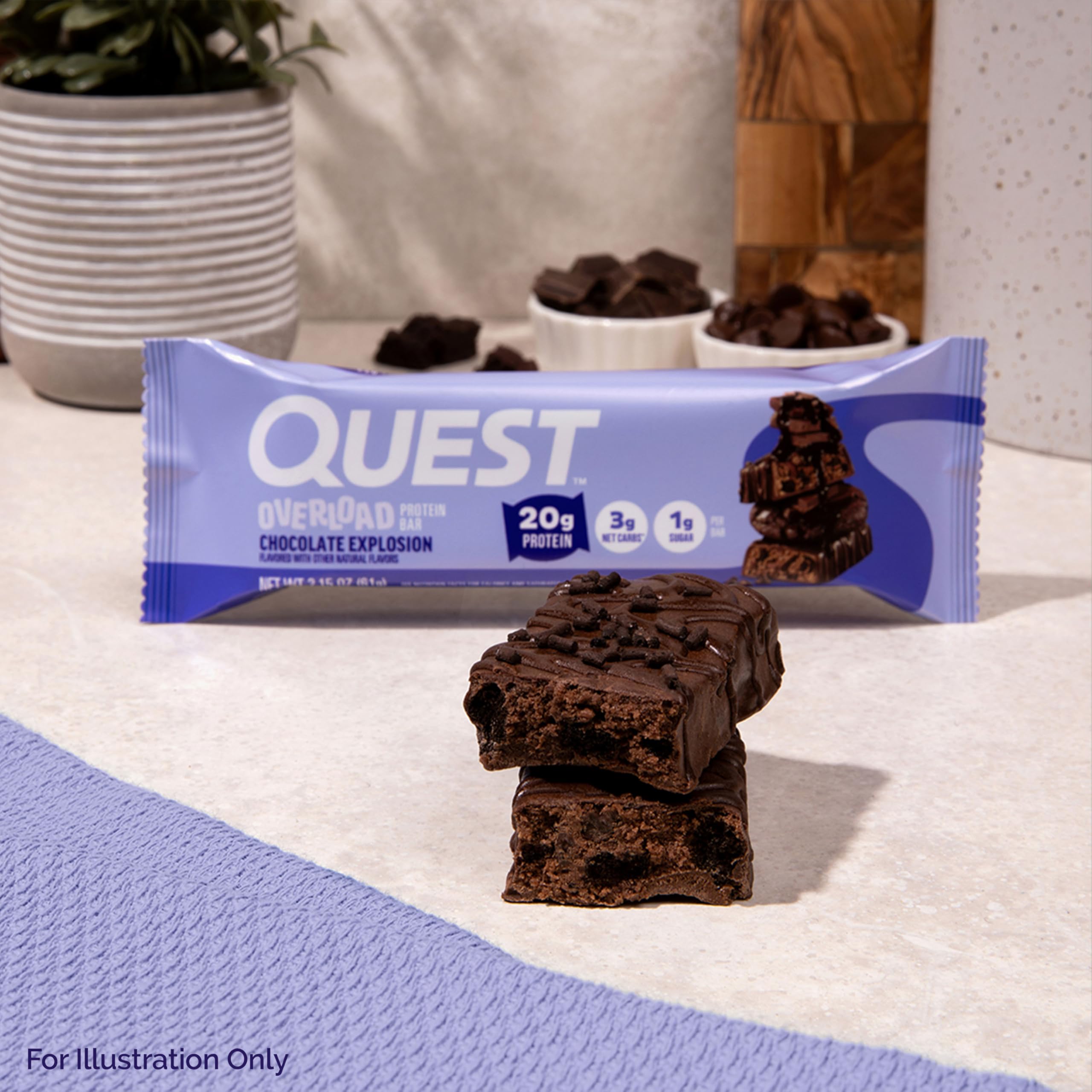 Quest Overload bar on gym bag, convenient protein boost for training days.