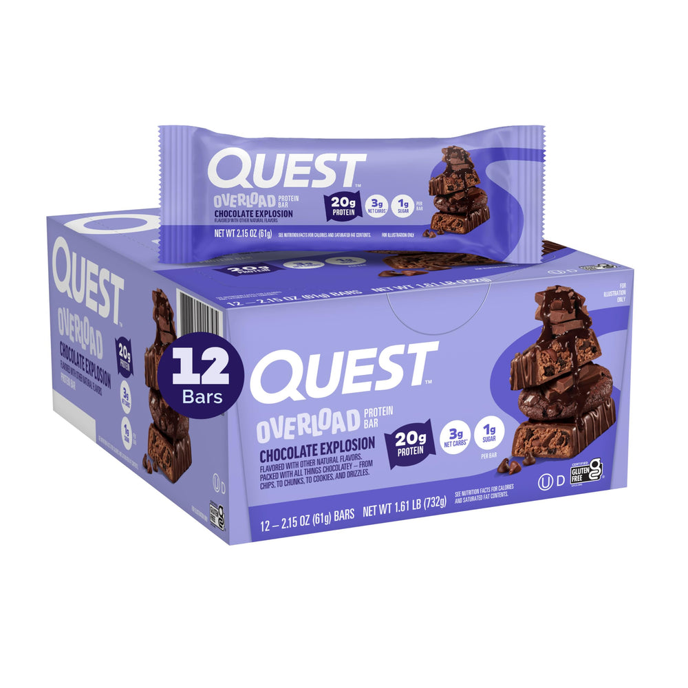 Quest Overload Chocolate Explosion bar in wrapper, protein-packed snack for on-the-go fueling.