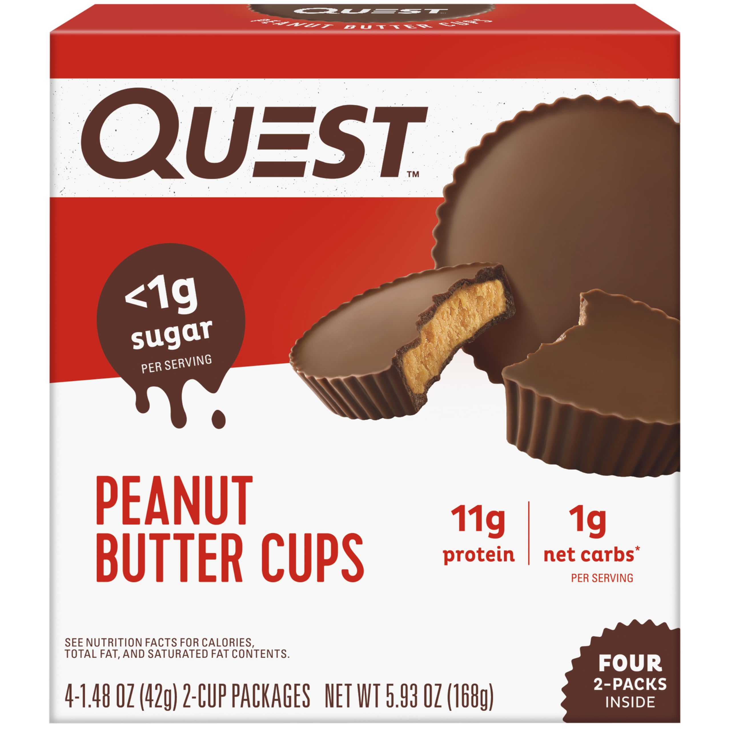 Quest Peanut Butter Cups: two cups per package, ideal for quick protein on the go.