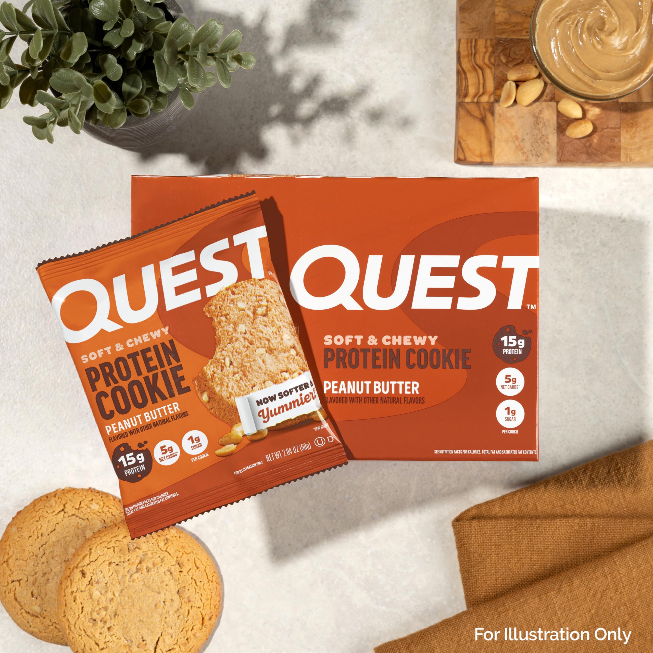 Quest Peanut Butter Protein Cookies on a desk, convenient desk snack option.
