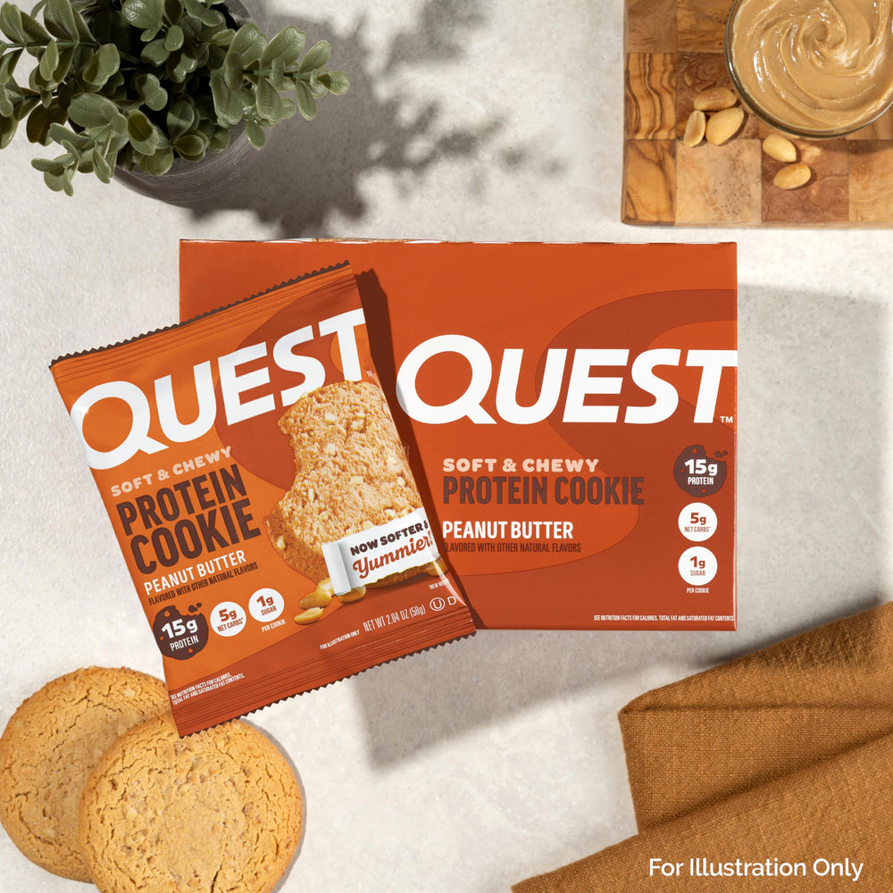 Quest Peanut Butter Protein Cookies on a desk, convenient desk snack option.