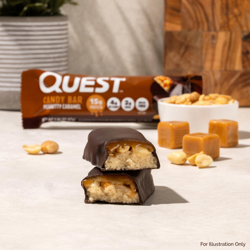 Quest Peanutty Caramel Bar chocolate coating shines in a portable desk snack