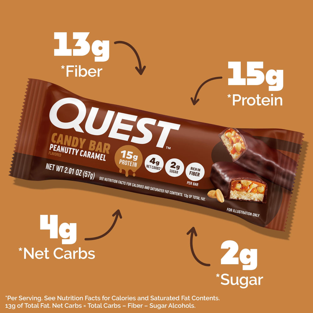 Quest Peanutty Caramel Bar closeup highlights gooey caramel, crunchy peanuts, and chocolate coating