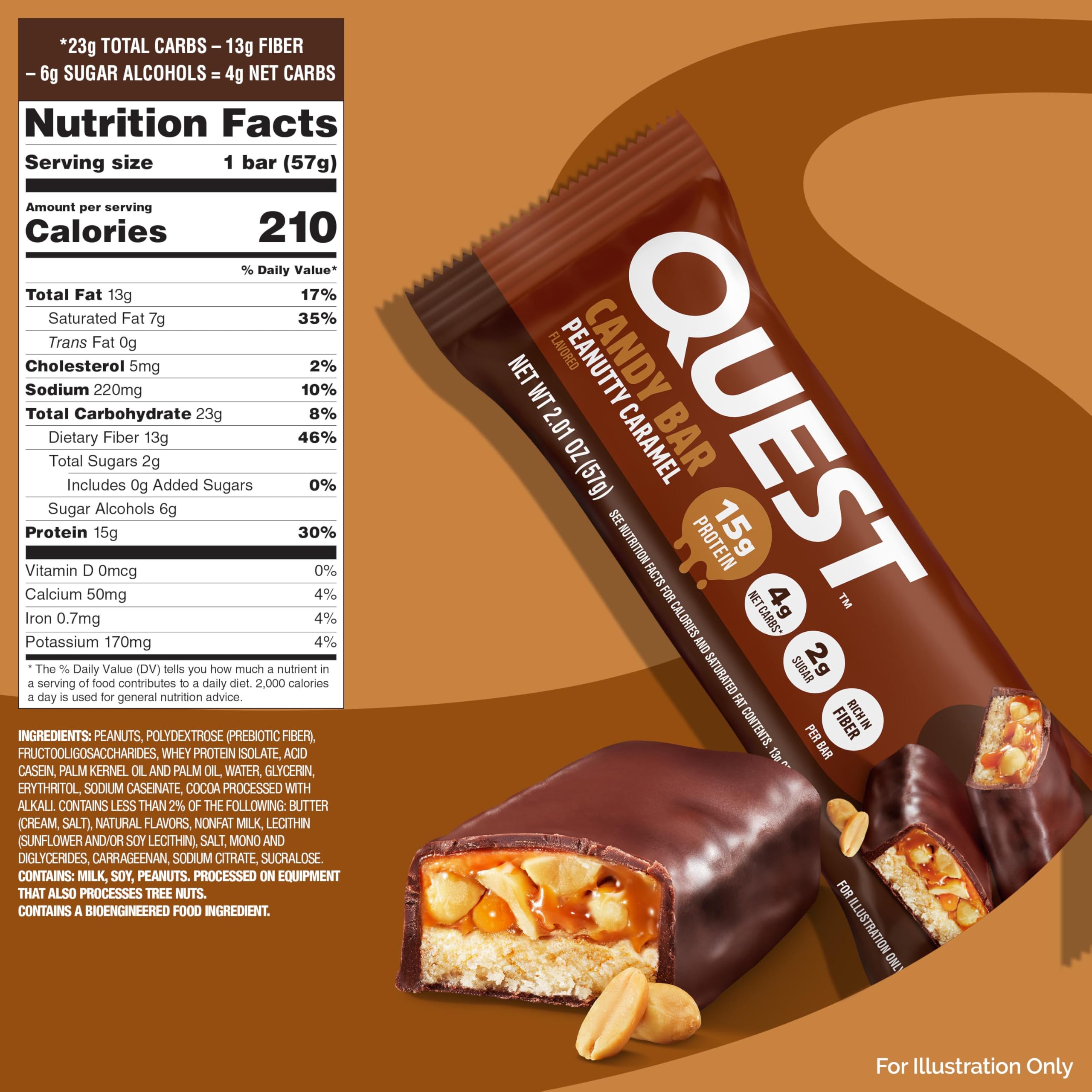 Quest Peanutty Caramel Bar serving-size shows 12-pack convenience for gym bags