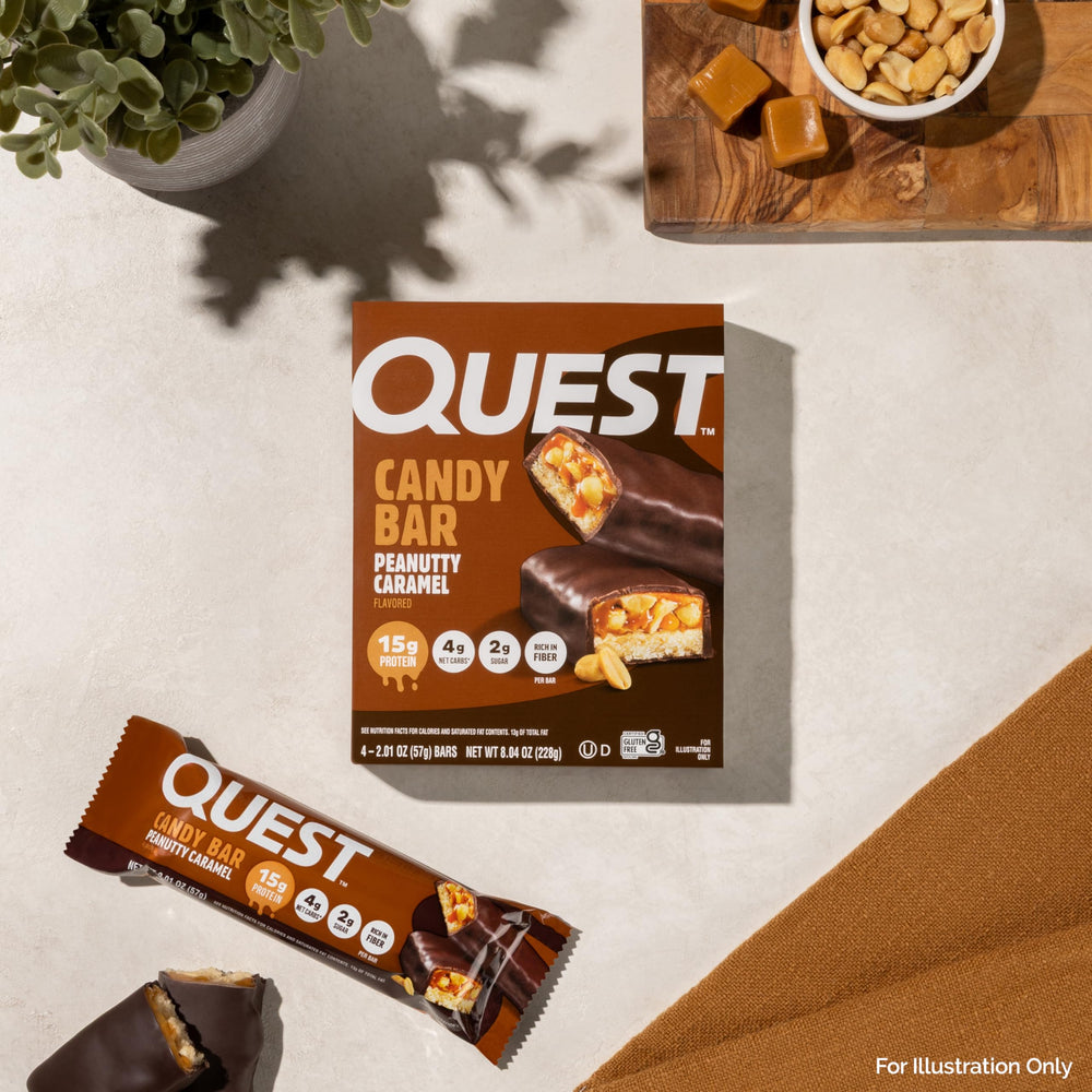 Quest Peanutty Caramel Bar on-the-go shot suggests easy refuel after training