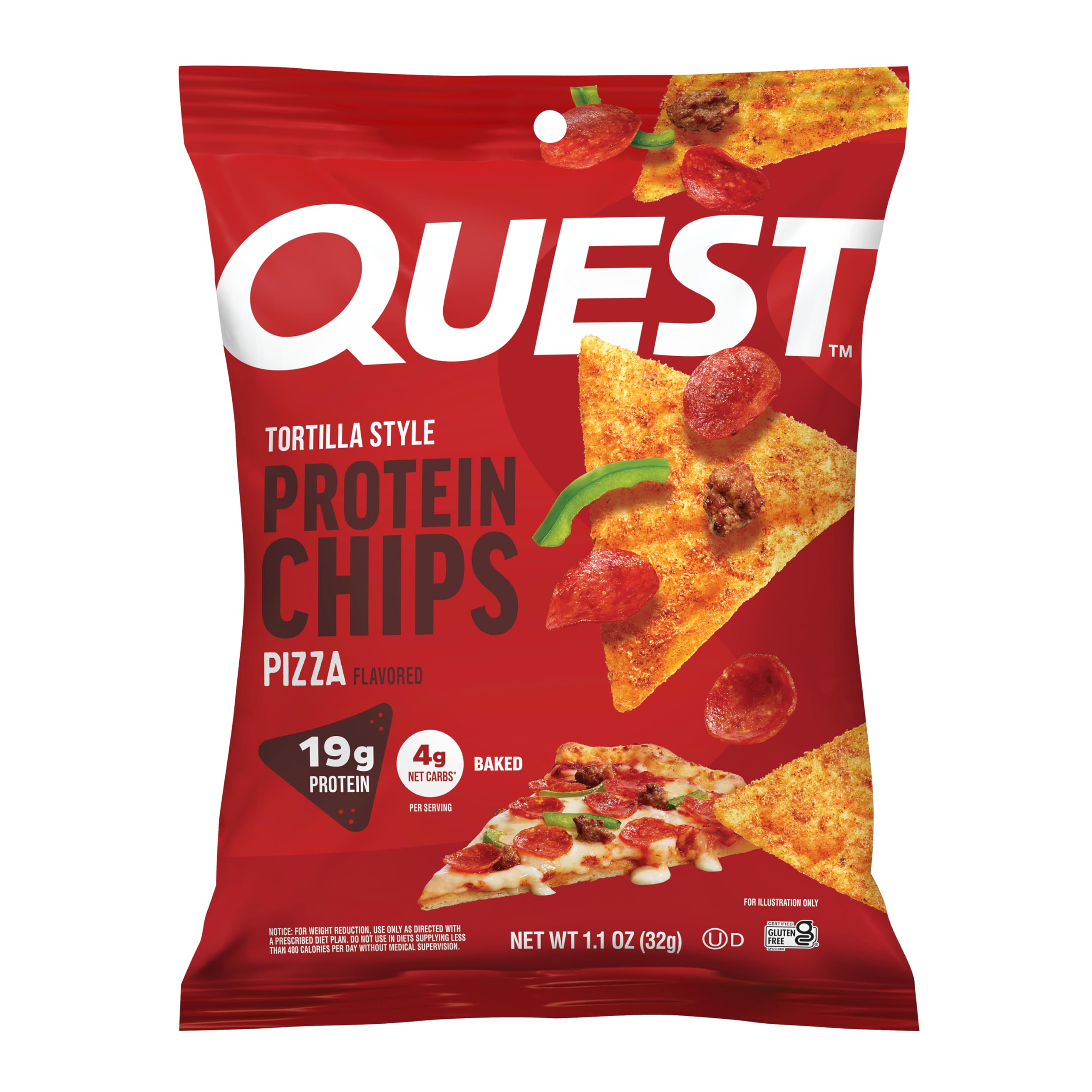Quest pizza-flavored tortilla-style protein chips bag front showing gluten-free, high-protein snack.