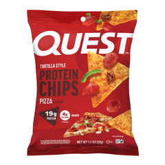 Quest pizza-flavored tortilla-style protein chips bag front showing gluten-free, high-protein snack.