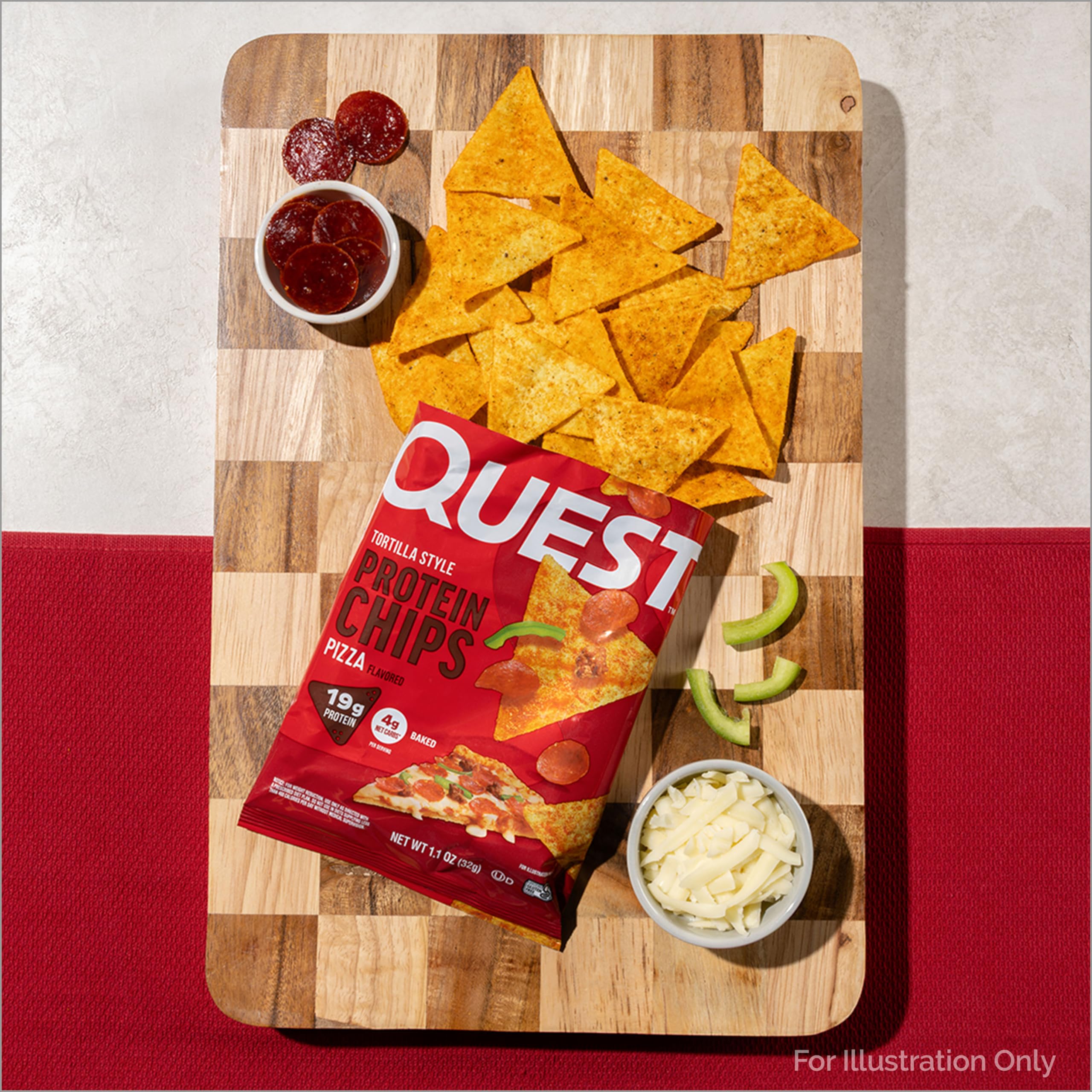 Quest pizza-flavored tortilla-style protein chips serving-size image highlighting 1.01 oz singles.