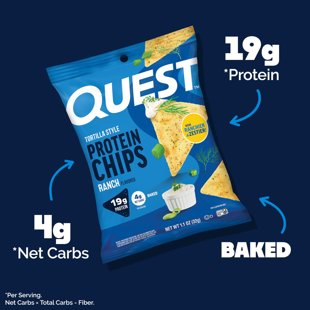 Quest Ranch chips with salsa suggesting a protein-rich dipping option