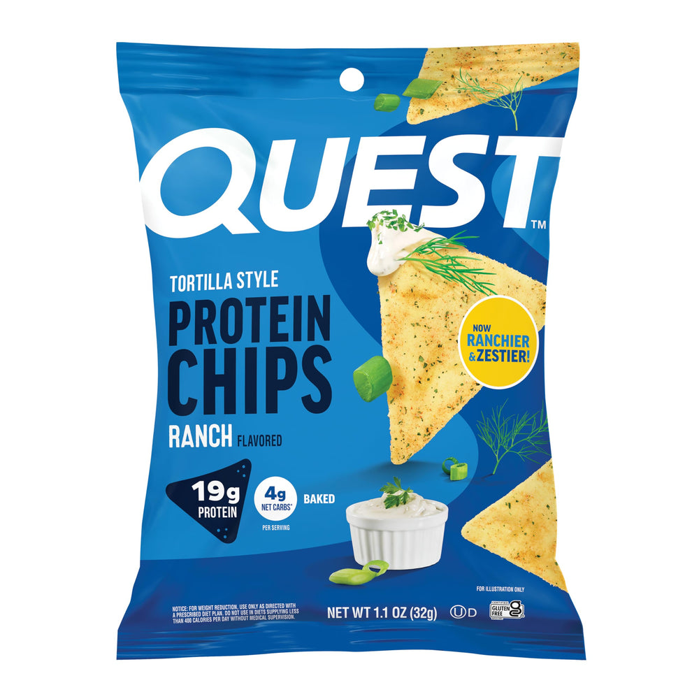 Quest Ranch Tortilla Style Protein Chips bag close-up showing savory crunch for snacking