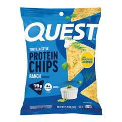 Quest Ranch Tortilla Style Protein Chips bag close-up showing savory crunch for snacking