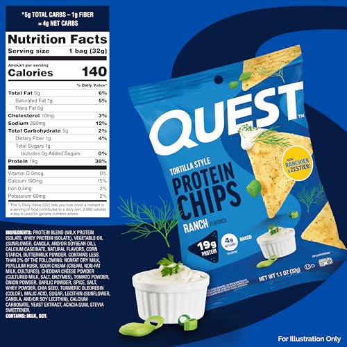 Serving plate with Quest Ranch Tortilla Style Protein Chips for a high-protein snack