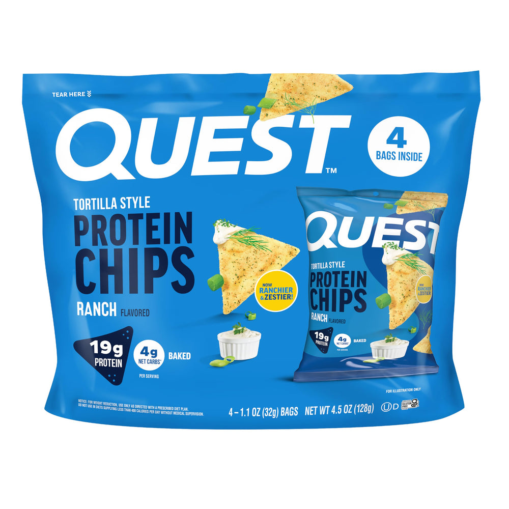 Quest Ranch Tortilla Style Protein Chips pack of four for easy protein on the go