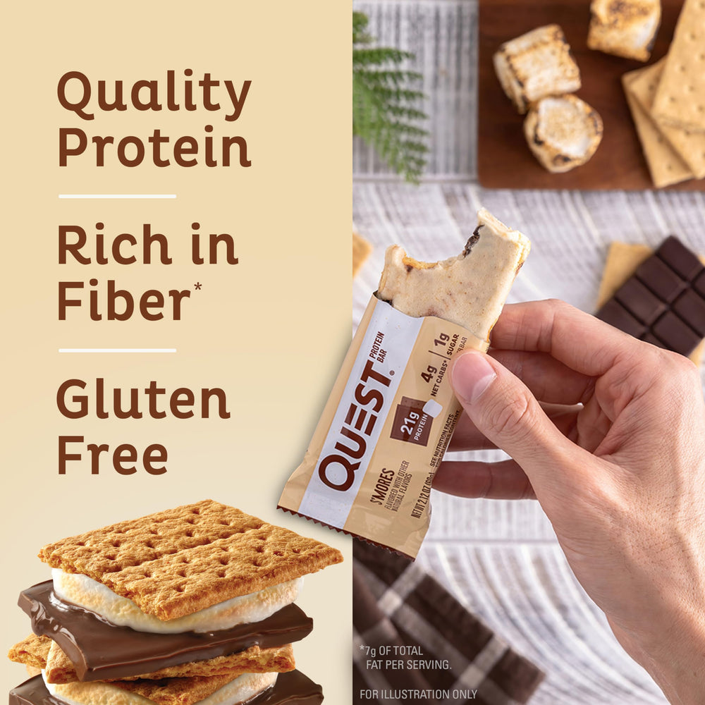 Close-up of Quest S'mores bar texture with creamy interior.