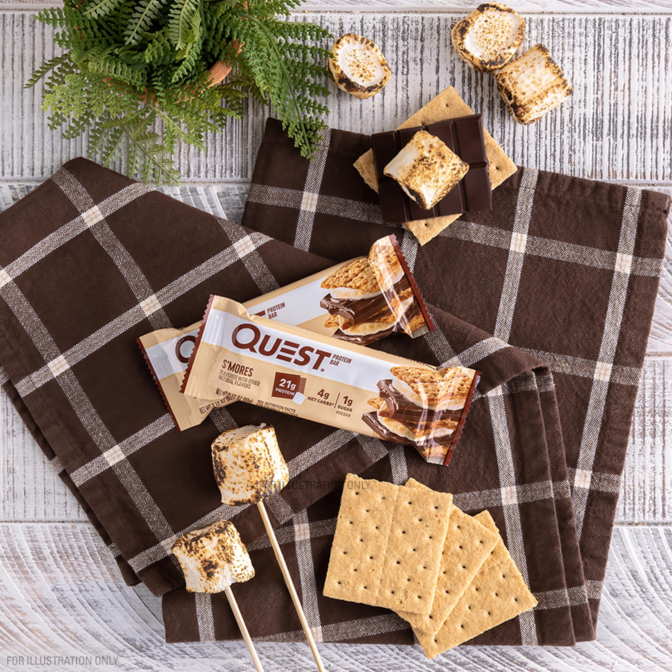 Quest S'mores bar in packaging, convenient four-pack for stocking.