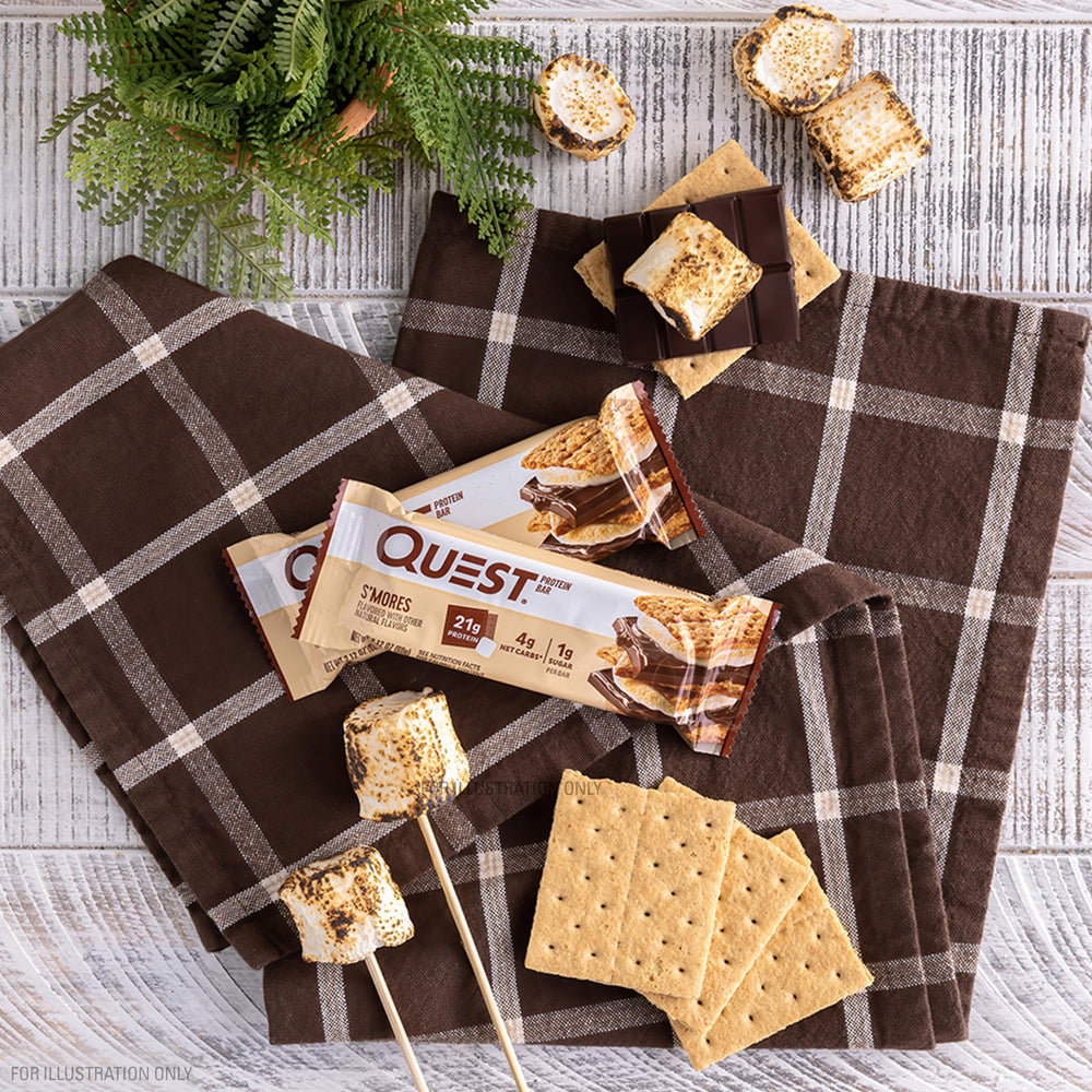 Quest S'mores bar in packaging, convenient four-pack for stocking.
