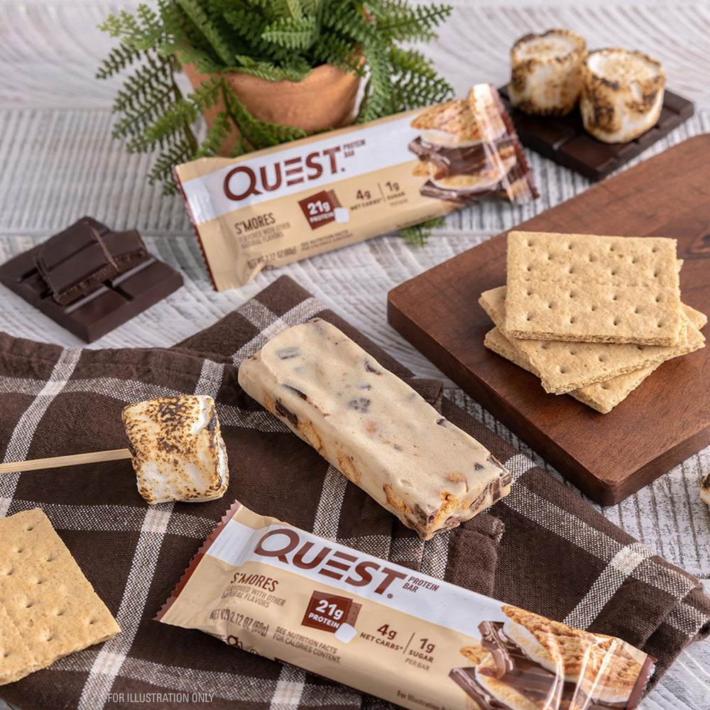 Quest S'mores bar on-the-go with gym bag in background.