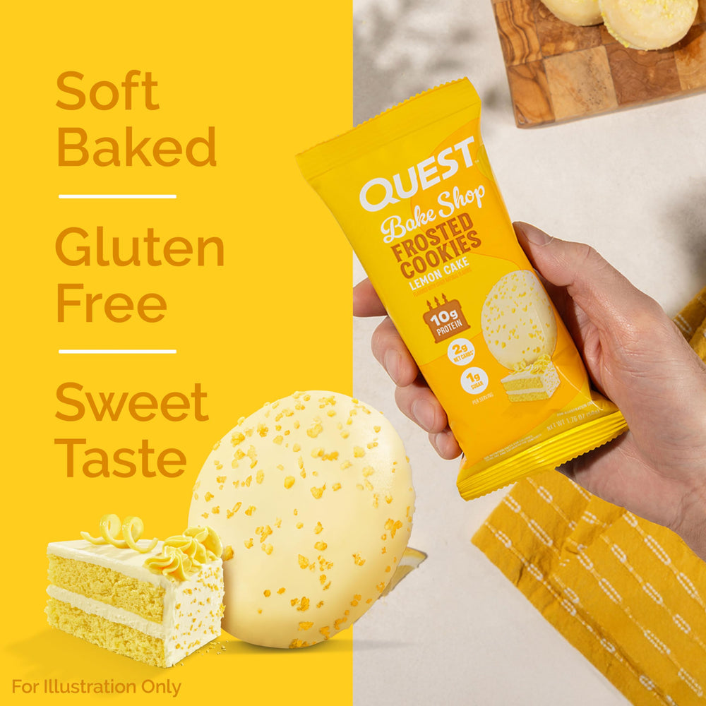 Quest soft-chewy lemon cake cookie close-up emphasizing indulgent texture.