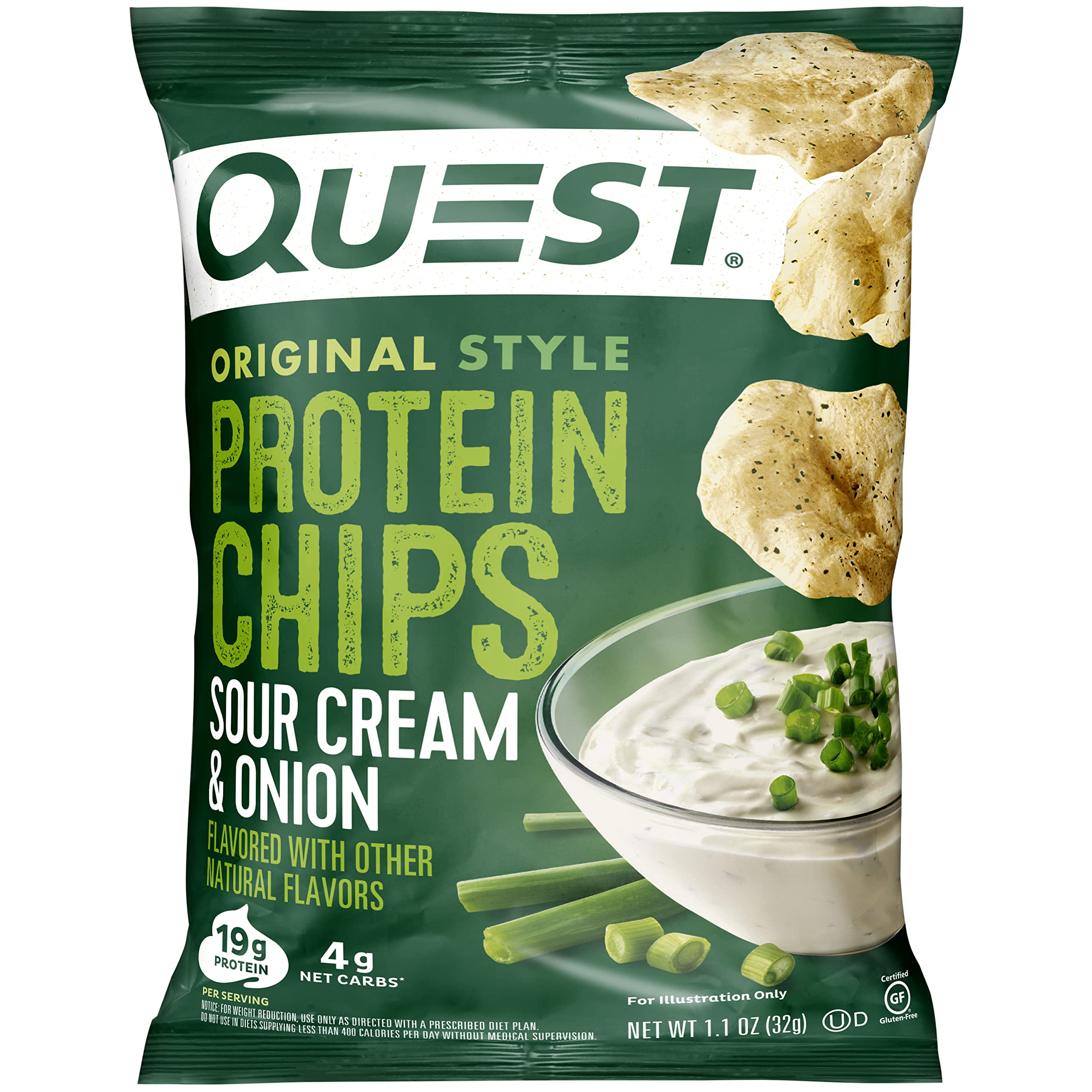 Quest Sour Cream & Onion protein chips pack showing convenient, high-protein snack on the go.