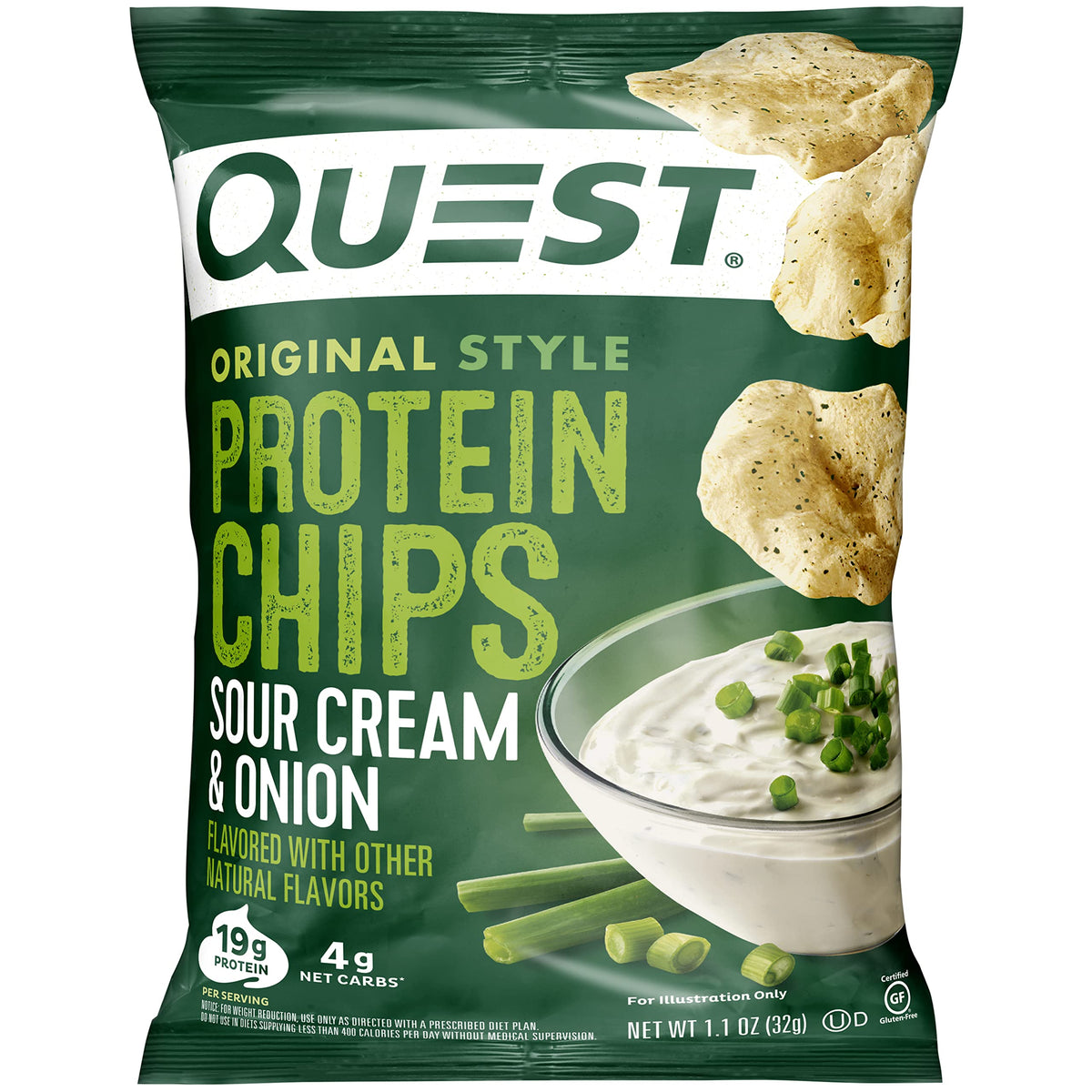 Quest Sour Cream & Onion protein chips pack showing convenient, high-protein snack on the go.